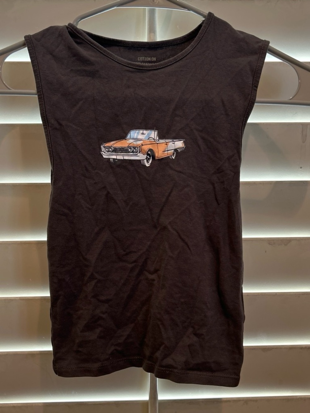 Cotton On Men’s Black Sleeveless Graphic Tee with Orange Car Print